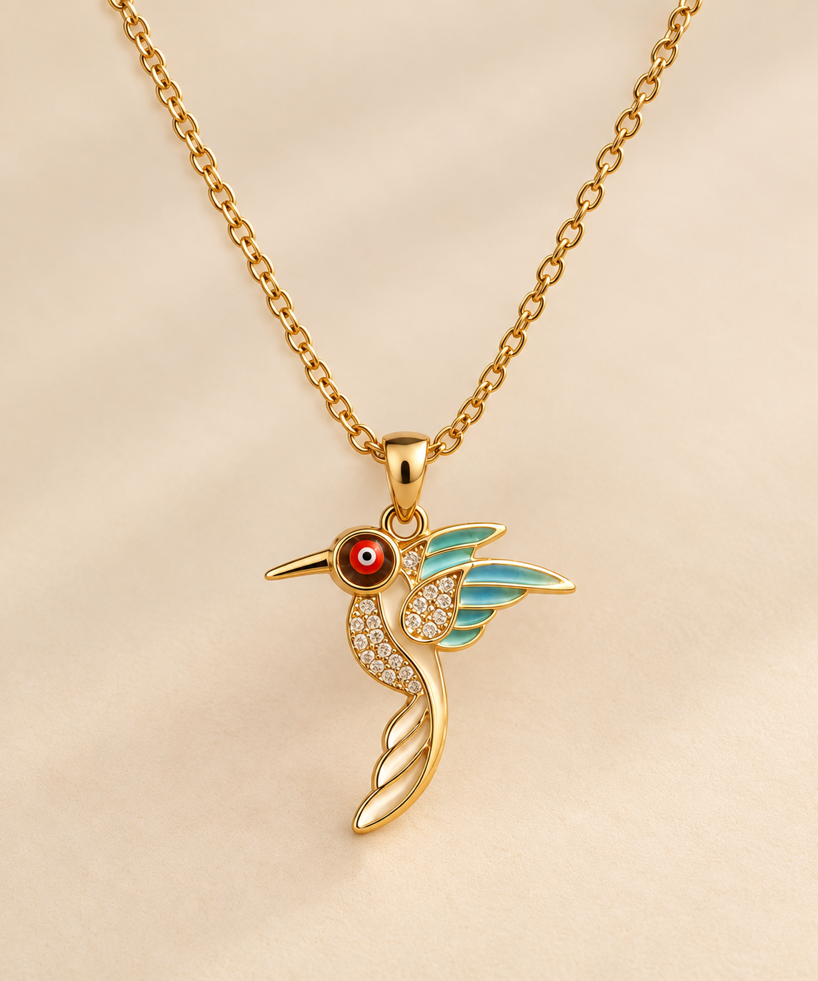 Kolibri Halskette mit Türkis & Zirkonia, 18K Gold vergoldet