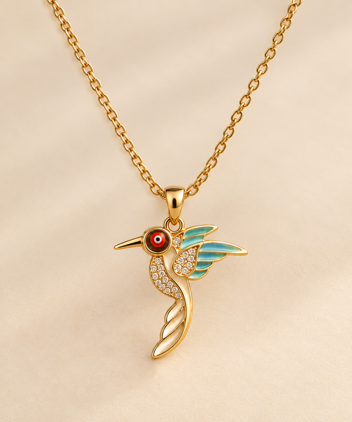 Kolibri Halskette mit Türkis & Zirkonia, 18K Gold vergoldet