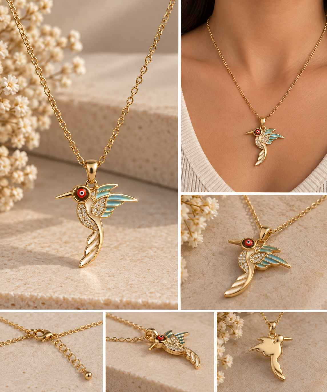 Kolibri Halskette mit Türkis & Zirkonia, 18K Gold vergoldet