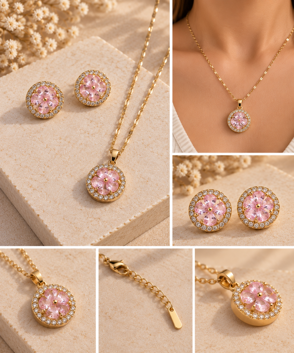 Rosé Blüten Schmuckset – 18K vergoldete Kette & Ohrstecker mit rosa Kristallblüte und Zirkonia