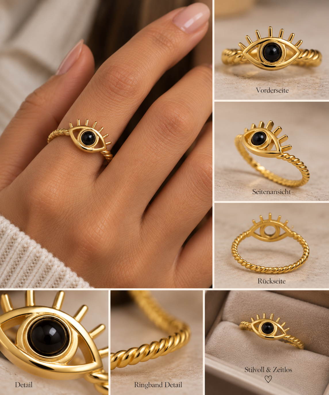 Evil Eye Ring mit schwarzem Stein | 18K Gold vergoldet